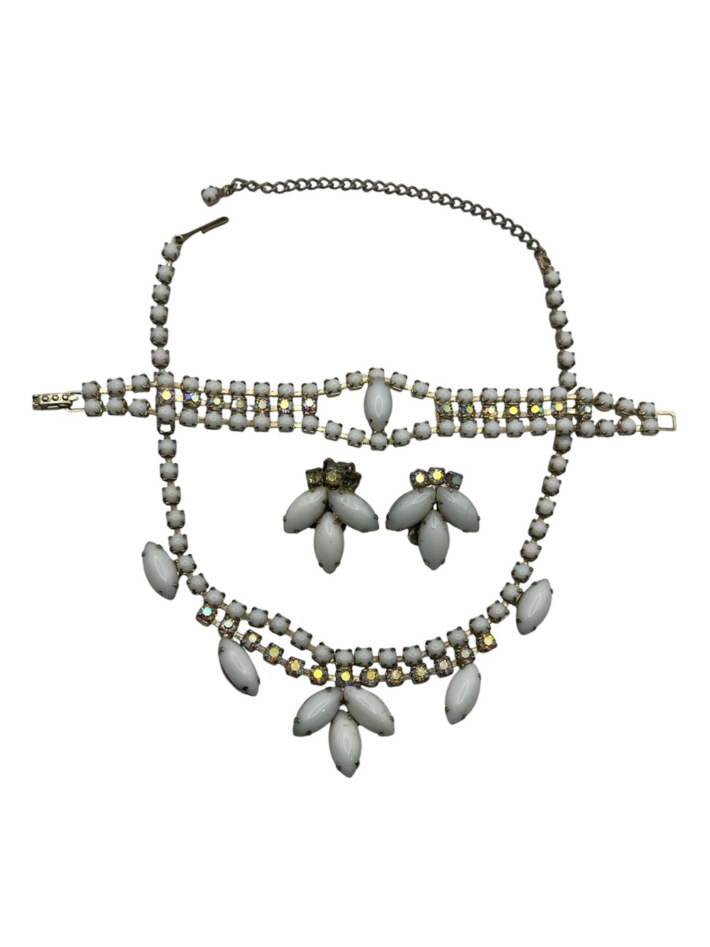 White milk glass aurora borealis rhinestone demi parure necklace bracelet set